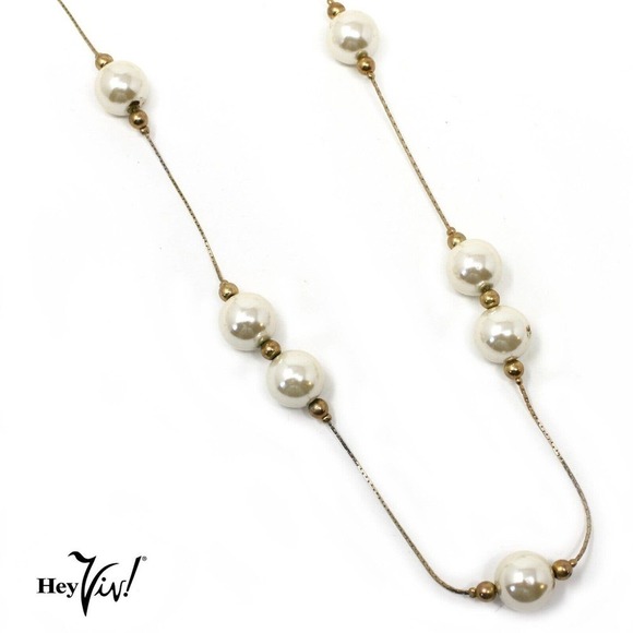 Vintage Single Strand 40" Gold & Pearl Necklace Wear Long or Looped - Hey Viv - Picture 2 of 6